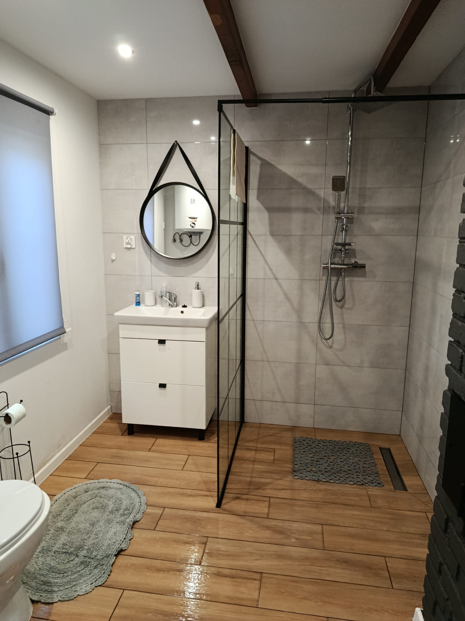 Nowoczesna łazienka w domku letniskowym z prysznicem typu walk-in, umywalką i lustrem.