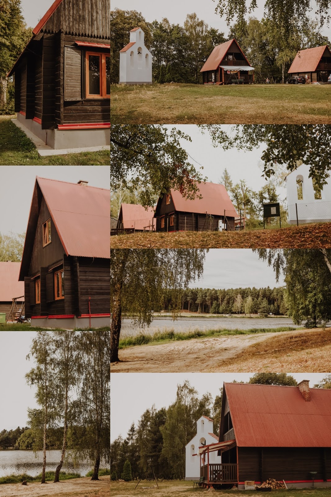 Widok na kilka domków letniskowych z czerwonymi dachami oraz białą kapliczkę na tle drzew.